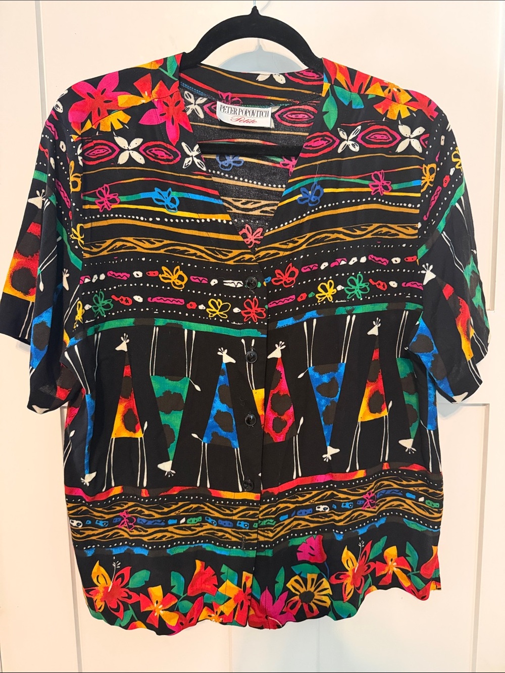 Vintage 90s Vibrant Black Multicolor Floral and Giraffes PrintButton-Front Shirt